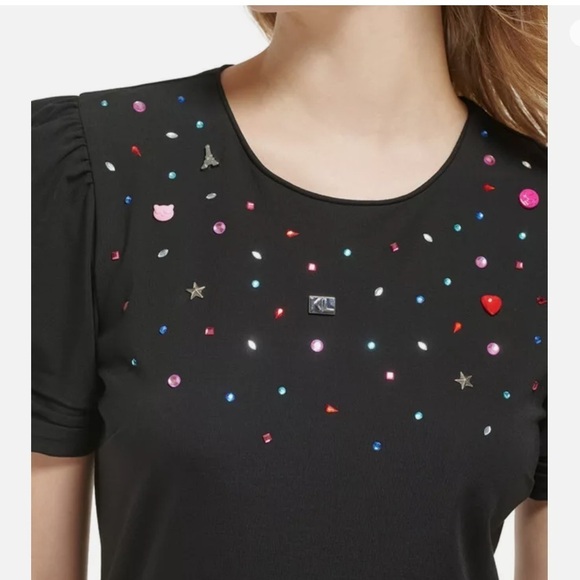 KARL LAGERFELD Embellished Black Shift Dress Stretchy NWT - Picture 3 of 10